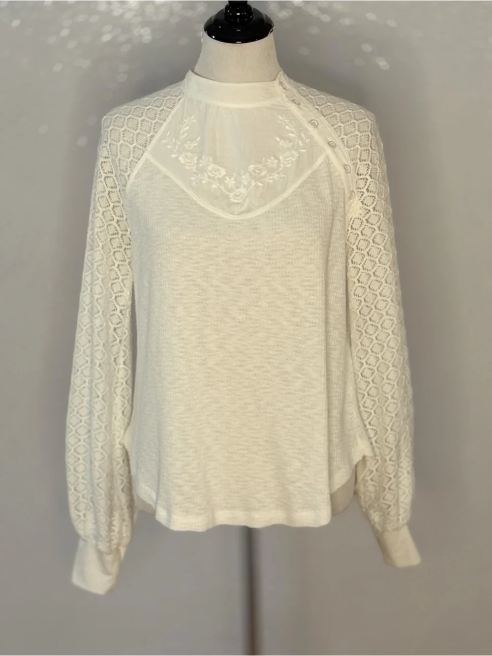 Free People Sweetest Thing Thermal Top Ivory Lace Sleeve Boho Cottagecore